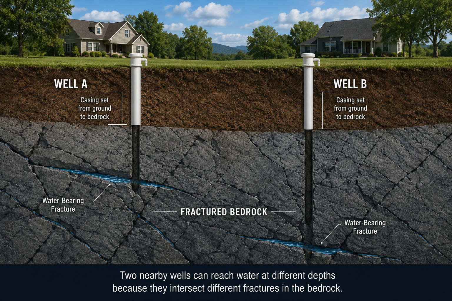 Diagram of two neighboring wells, Well A and Well B, each cased from the ground surface to bedrock and drilled into fractured bedrock below. The wells reach water at different depths because they intersect different water-bearing fractures.