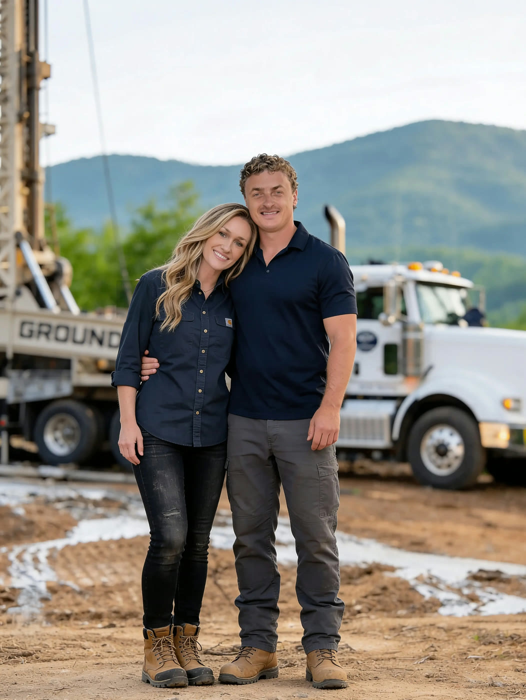 Amanda and Tristan, co-founders of Groundwater Pros, standing in front of their drilling rig and truck