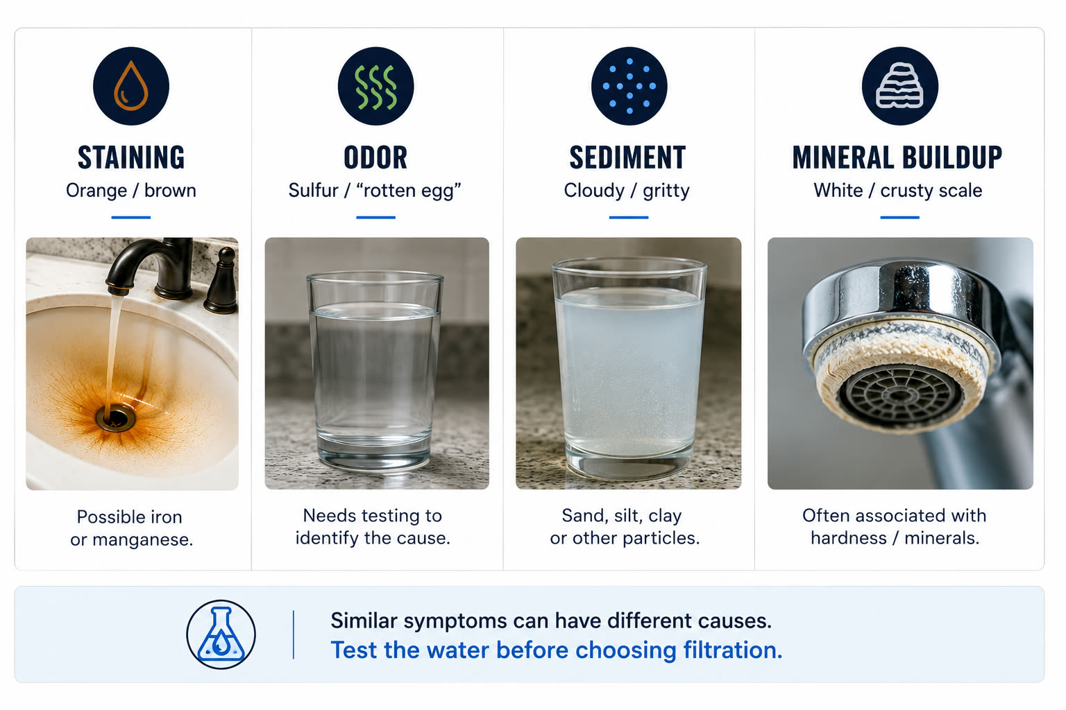Four common well-water symptoms: staining, odor, sediment, and mineral buildup.