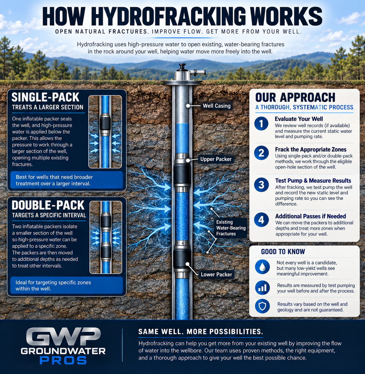 Infographic: How Hydrofracking Works — Open Natural Fractures, Improve Flow, Get More From Your Well. Diagram of a well casing showing the single-pack method (one inflatable packer, treats a larger section) and double-pack method (two inflatable packers, targets a specific interval), with high-pressure water opening existing water-bearing fractures in the surrounding rock. Our Approach: 1) Evaluate Your Well — review well records and measure current static water level and pumping rate. 2) Frack the Appropriate Zones — work through the eligible open-hole section using single-pack and/or double-pack methods. 3) Test Pump and Measure Results — test pump the well and record the new static level and pumping rate. 4) Additional Passes if Needed — move packers to additional depths and treat more zones when appropriate. Good to Know: not every well is a candidate, but many low-yield wells see meaningful improvement; results are measured by test pumping before and after; hydrofracking does not create water; results vary by well and geology and are not guaranteed.