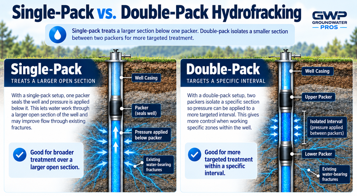 Single-pack vs double-pack water well hydrofracking infographic showing packer placement, targeted treatment zones and Groundwater Pros evaluation and test-pumping process.