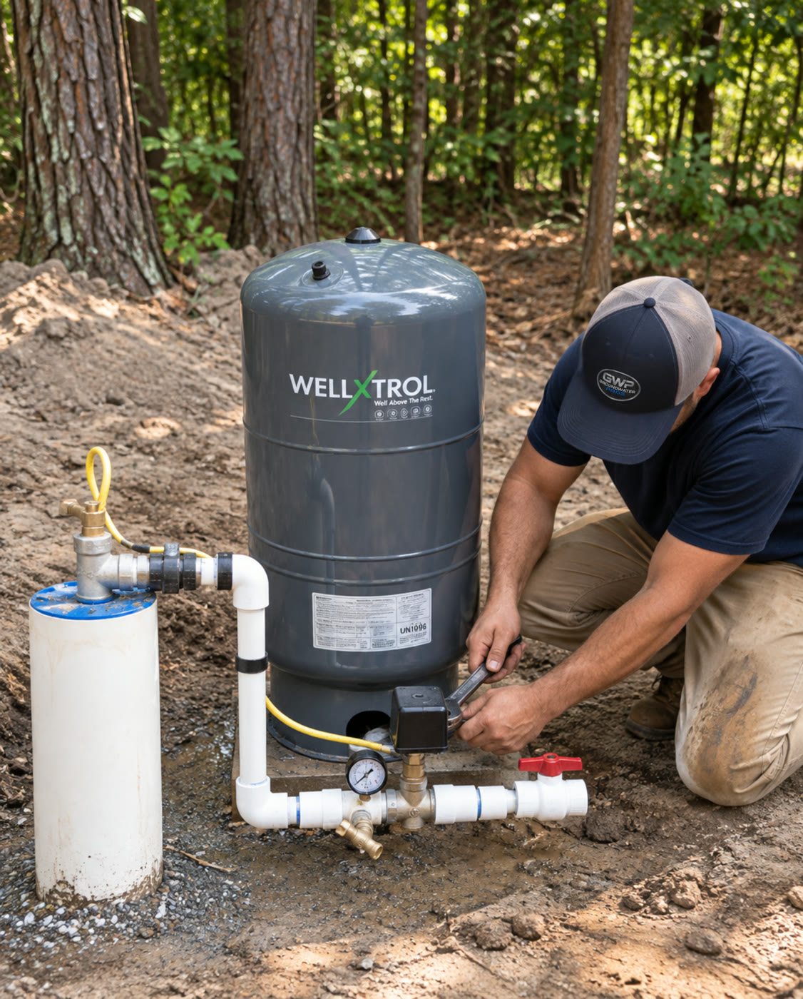 Groundwater Pros crew working on a residential well pump and pressure system